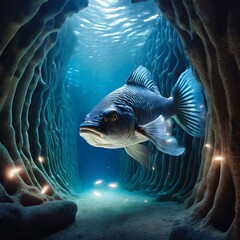  a sense of wonder and mystery as a colossal fish drifts through a labyrinth of underwater caves,...