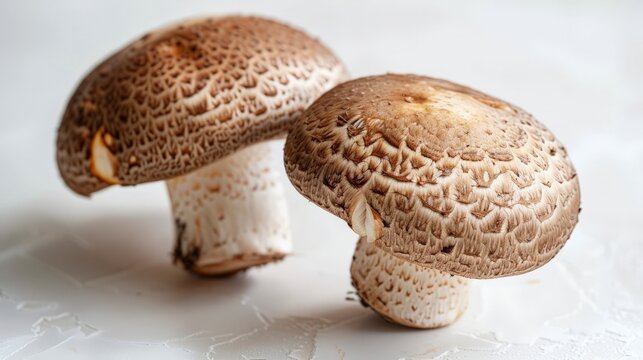 Close-up of two fresh raw shiitake mushrooms on white floor,