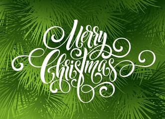 Merry Christmas Handwriting Script Lettering Greeting Background With Christmas Tree Vector Illustra