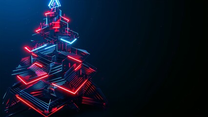 Christmas tree. Neon. Minimalistic background. Minimalistic style. Generative AI.