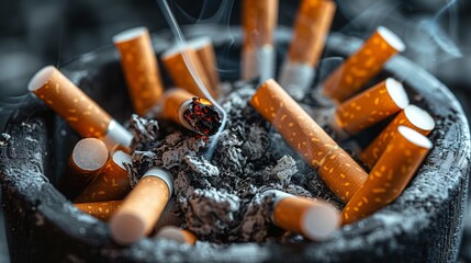 Cigarette Butts in Ashtray with One Burning - obrazy, fototapety, plakaty