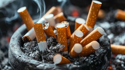 Overflowing Ashtray with Cigarette Butts - obrazy, fototapety, plakaty