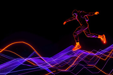 Dynamic neon silhouette of parkour athlete performing precision jump between buildings isolated on black background