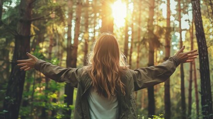 Free woman breathing clean air in nature forest. Happy girl from the back with open arms in happiness. Fresh outdoor woods, wellness healthy lifestyle concept.