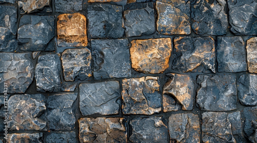 Poster paved wet stone road from above with granite texture abstract design background