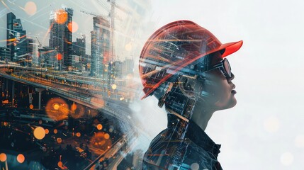 Future building construction engineering project concept with double exposure graphic design. Building engineer, architect people or construction worker working with modern civil equipment