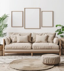 Frame mockup, Inviting Living Room Interior with Modern Furniture, high-resolution (300 DPI)