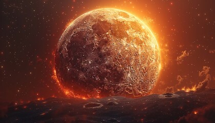 A barren moon with a fiery atmosphere