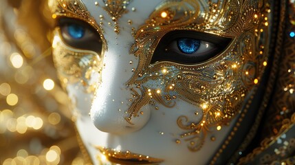 A beautiful woman wearing a golden mask with blue eyes