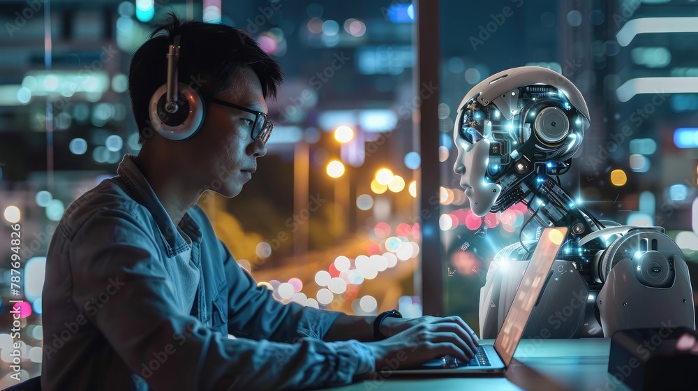 Poster man using laptop for searching of technology smart open ai or artificial intelligence using an artif