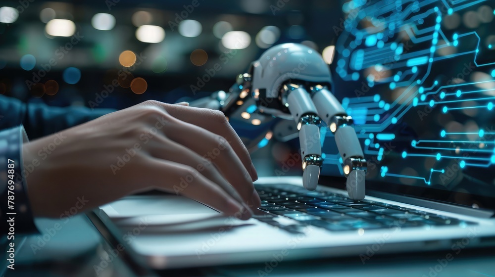 Poster man using laptop for searching of technology smart open ai or artificial intelligence using an artif