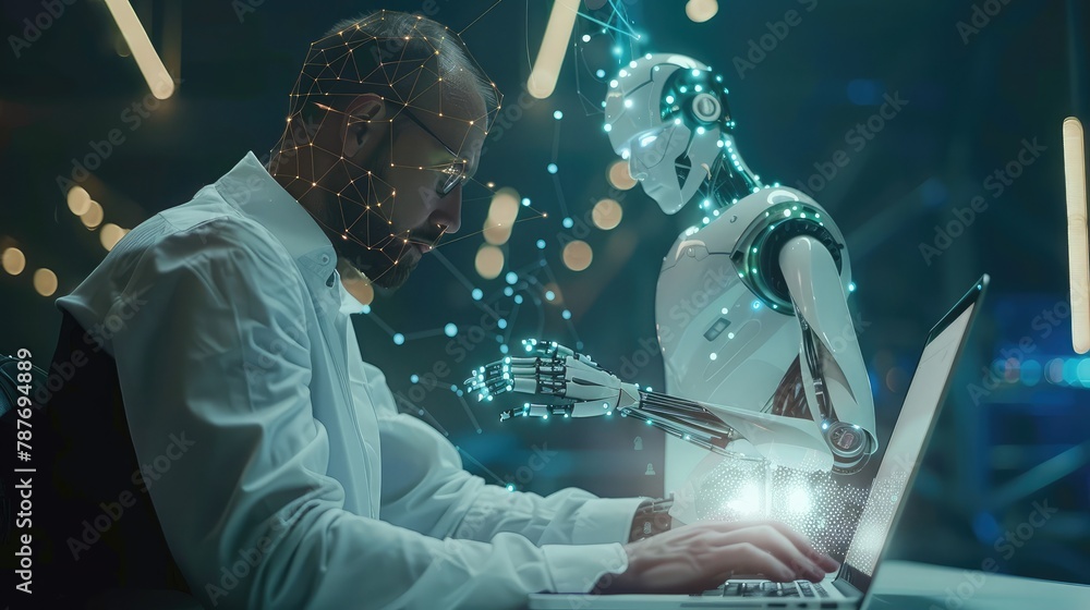 Poster man using laptop for searching of technology smart open ai or artificial intelligence using an artif