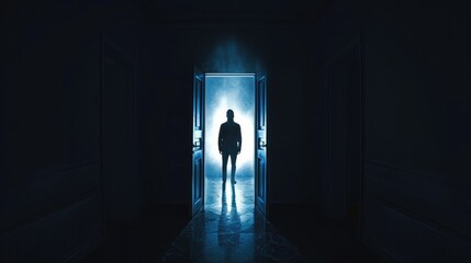 Man getting out from the darkness opening door - obrazy, fototapety, plakaty