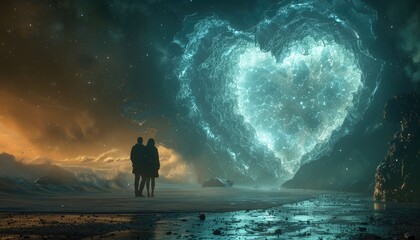 A couple standing on a beach, looking at a glowing heart-shaped nebula in the night sky.