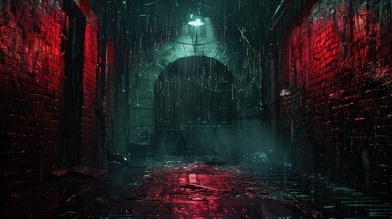A dark and rainy alleyway with red glowing lights reflecting off the wet pavement.
