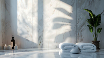 A bathroom with a white marble wall and a potted plant