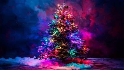 Neon. Christmas tree. Minimalistic background. Generative AI.