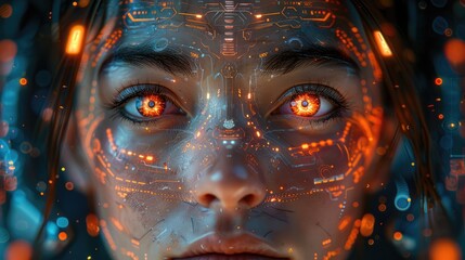 portrait of a beautiful young woman with glowing red eyes and a cybernetic face - obrazy, fototapety, plakaty