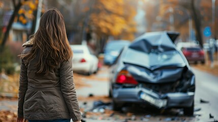 Woman Walking Away from a Car Crash Site - Car Insurance Claim, Road Safety, Auto Repair Promotion