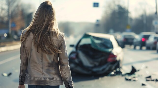 Woman Walking Away from a Car Crash Site - Car Insurance Claim, Road Safety, Auto Repair Promotion