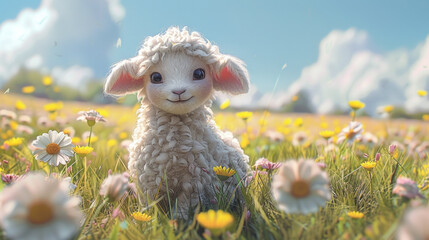 A cute white sheep is sitting in a field of flowers
