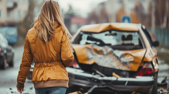 Woman Walking Away from a Car Crash Site - Car Insurance Claim, Road Safety, Auto Repair Promotion