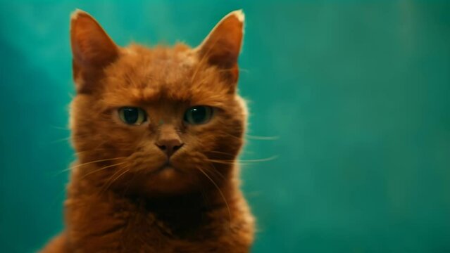A front-facing portrait of a brown cat against a vibrant turquoise blue background. The cat stares straight at the camera, wearing a slightly dissatisfied expression. 