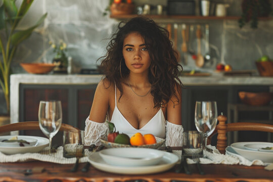Crop faceless woman with stylish dinning set