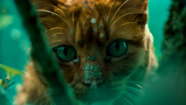 A front-facing portrait of a brown cat against a vibrant turquoise blue background. The cat stares straight at the camera, wearing a slightly dissatisfied expression. 
