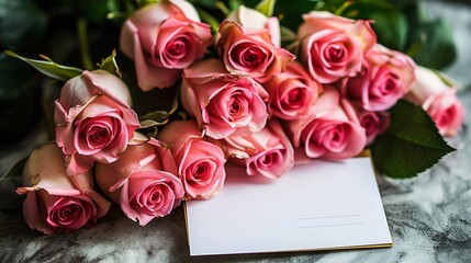 Bouquet of pink roses and a blank Mother's Day card
