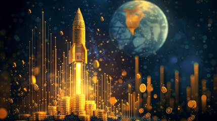 A golden rocket ship launching from a stack of gold coins into space with a glowing blue planet in the background.