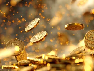 A lot of shiny gold Bitcoin cryptocurrency coins falling and rotating in the air.