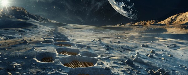 Astronaut footprints on the surface of the moon with the Earth in the background - obrazy, fototapety, plakaty