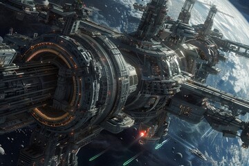 A space station orbiting a distant planet, with sleek architecture, advanced technology, and bustling activity as ships come and go