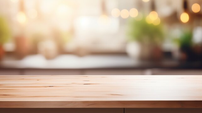 Empty Beautiful wood table top and blur bokeh modern kitchen interior background in clean and bright, Ready for product montage	