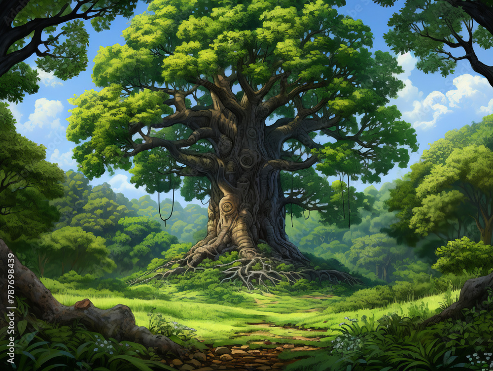 Poster a large tree with a trunk that is very thick and has many branches