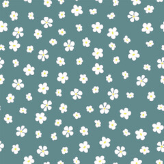 Ditsy Strawberry Blossoms Scattered on Green seamless pattern print background 