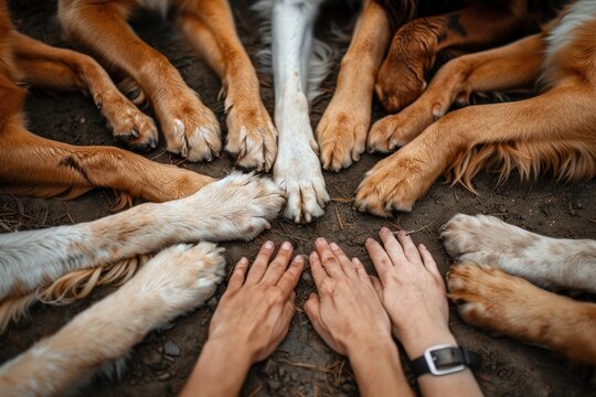 A photo of the paws of several dogs in the center, symbolizing teamwork.