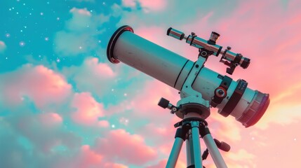 A telescope is pointed at a colorful galaxy. - obrazy, fototapety, plakaty