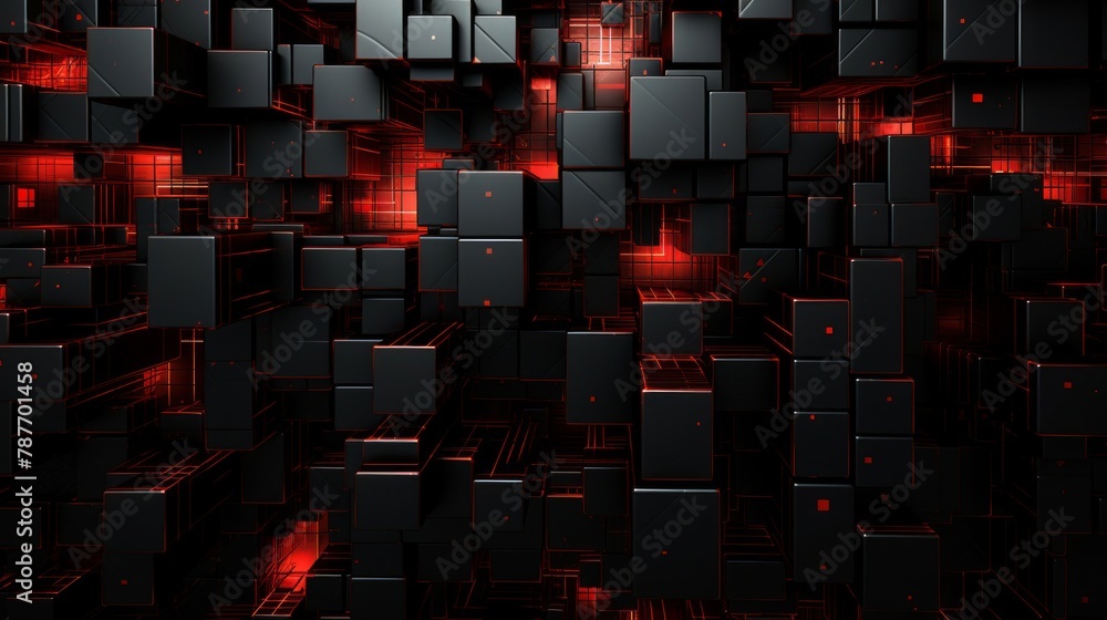 Wall mural abstract pattern made of red and black squares, in the style of dark gray and dark black, surreal cy