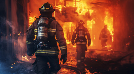 A team of firefighters advances with determination into the heart of a blazing inferno, poised to battle the relentless flames.