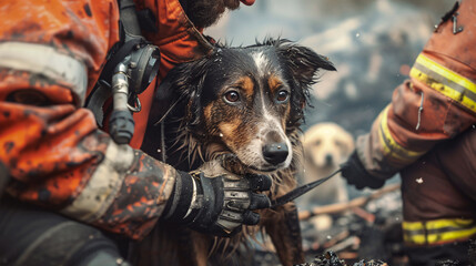 In the aftermath of a fire, a compassionate firefighter gives solace to a wet rescue dog, demonstrating care amidst chaos.