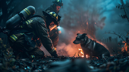 A firefighter crouches down next to a loyal search dog amidst the sparks of a nighttime wildfire, preparing to act. - obrazy, fototapety, plakaty