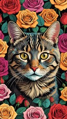 Illustration of beautiful cat face surrounded by roses