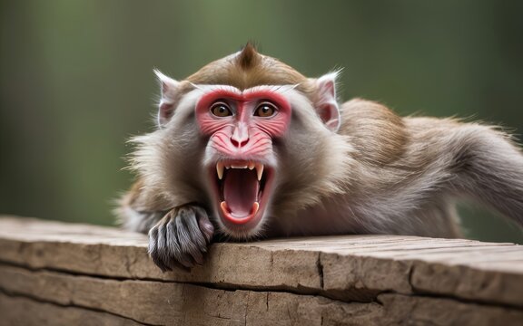 anger macaque on a wooden ledge with an opened mouth