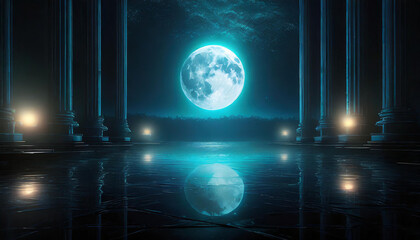 Night scene with a moon and a city in the background.