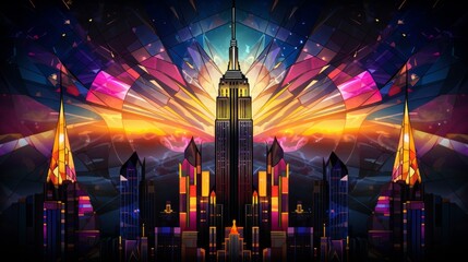 Black colors, art deco wallpaper with stained glass details, empire state building, geometric pattern, half drop, intricate details - obrazy, fototapety, plakaty
