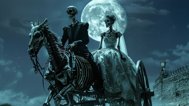 A deadly horse leads a skeleton couples carriage