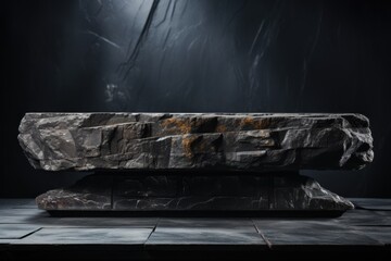 Product Display mock up, empty Black stone podium display stand for product display against a backdrop of black rock boulder.