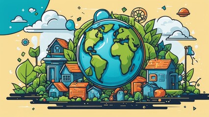 Illustration of planet Earth with leaves wrapped around it and a city nearby
